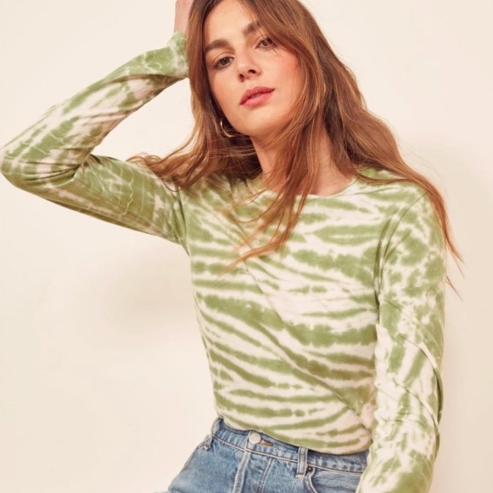 Reformation Eddie Green & White Tie Dye Long Sleeve T Shirt Women's M